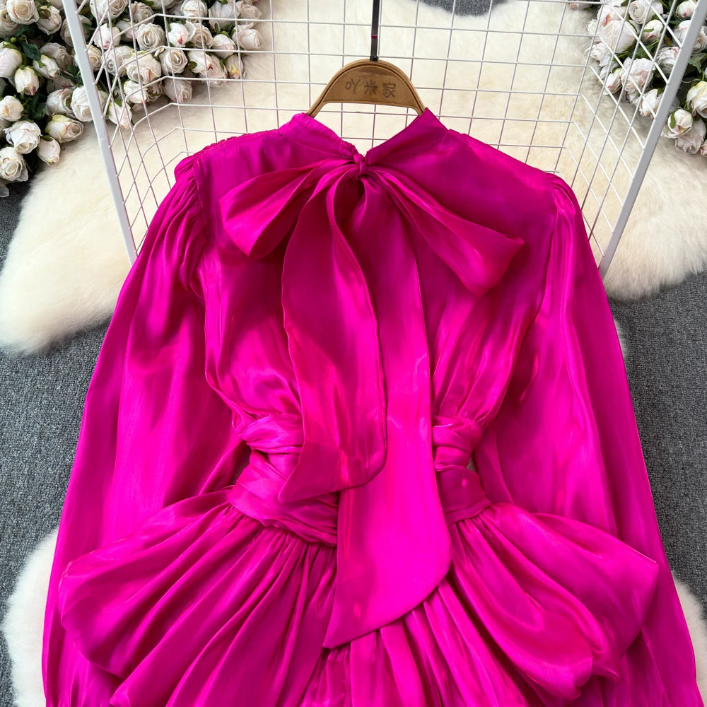 XFPV Sweet Blouse Long Sleeve Rose Pink Waist Tie Up Pleated Shirt Luxury Top For Women Korean Fashion Tide Summer 2024 SM11126