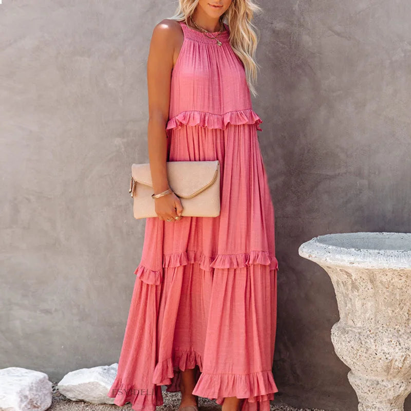 Women Casual Solid Ruffles Long Dress Summer Elegant Sleeveless Sundress Elegant Harajuku Maxi Dress Beach Party Evening Vestido