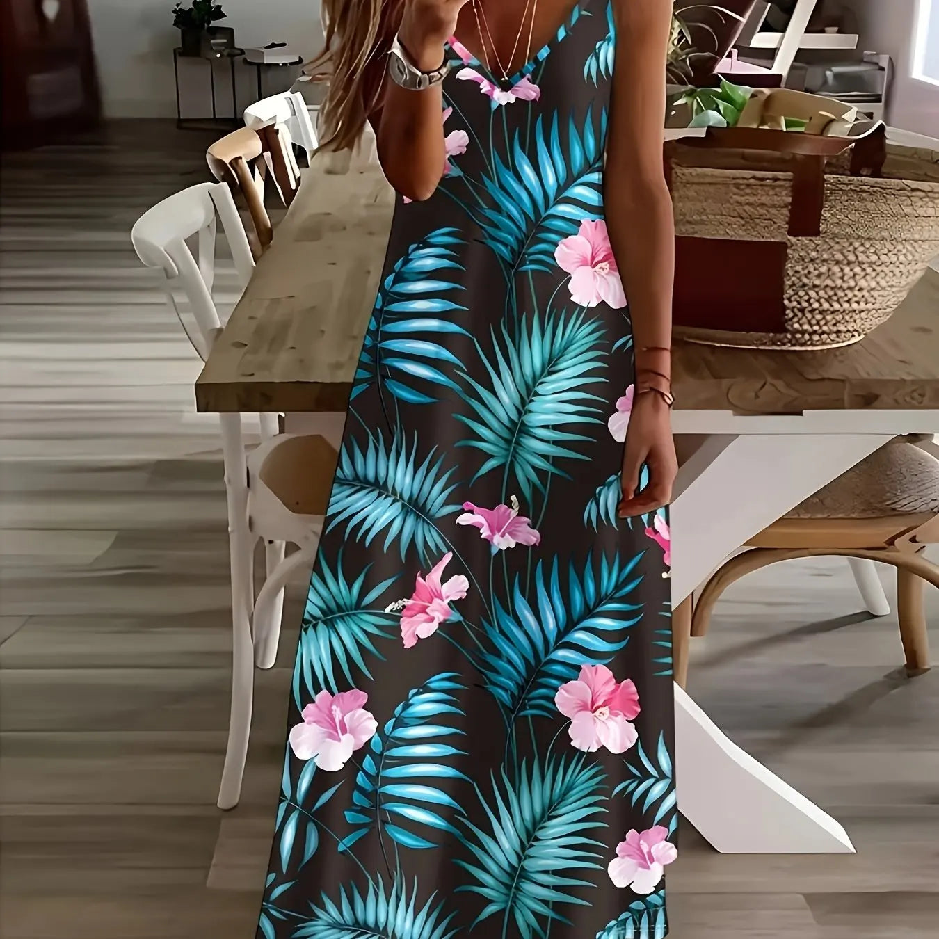 Summer Fresh Plant Flower Print Women's Dress Fashion Casual V-neck Loose Sweet Playful Beach Suspender Women's Long Dress