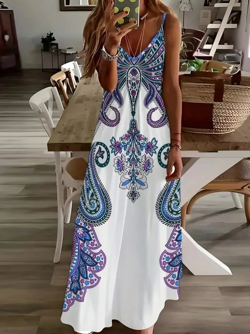 S-3XL Bohemian Style Beach Seaside Vacation Casual Dress Street Fashion Sleeveless Suspender Loose Large Size Long Dress