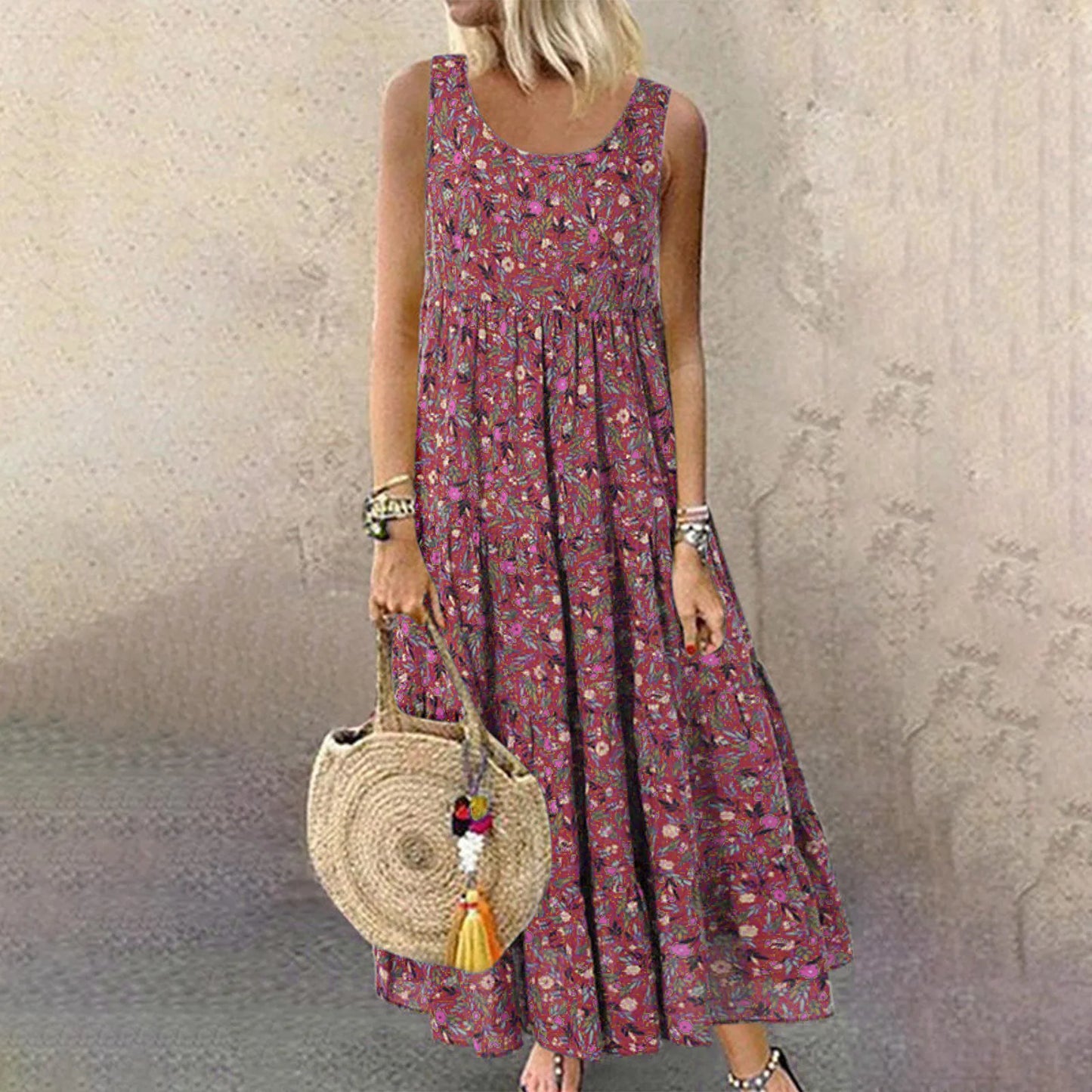 Women Floral Print Bohemian Casual Dress 2024 New Summer Sleeveless O-Neck Plus Size Dress Holiday Beach Large Sundress 4XL 5XL