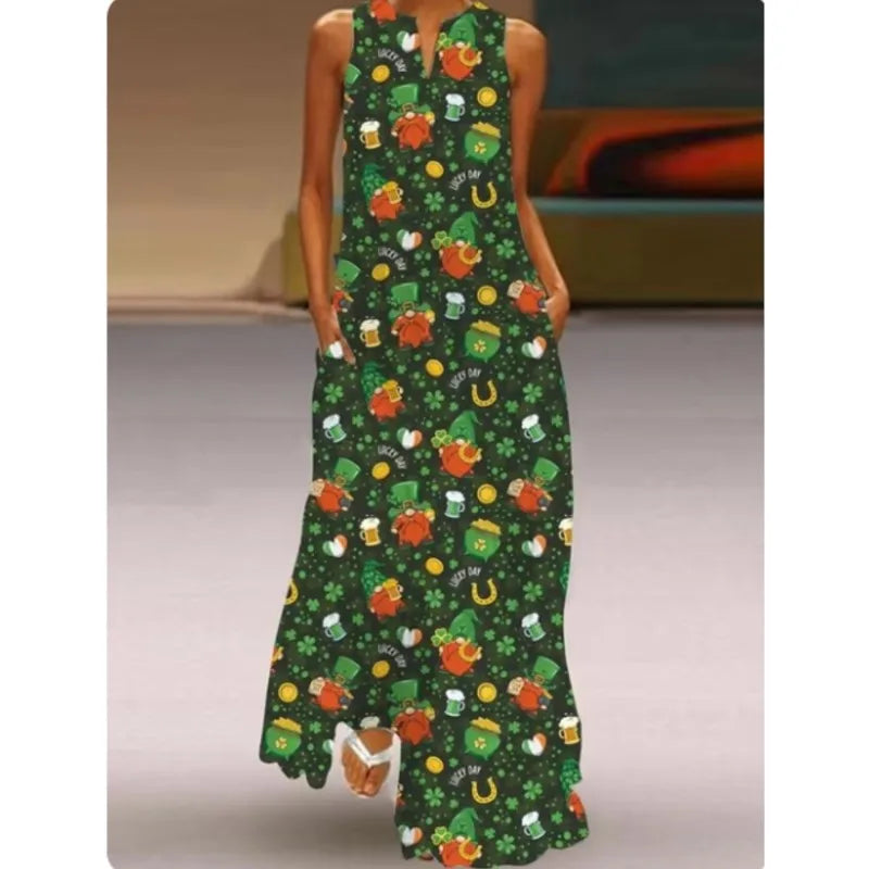 2024 Personalized Street Pocket Retro Printed Long Dress V-neck Pullover Multi Color Long Sexy Sleeveless Dress for Women