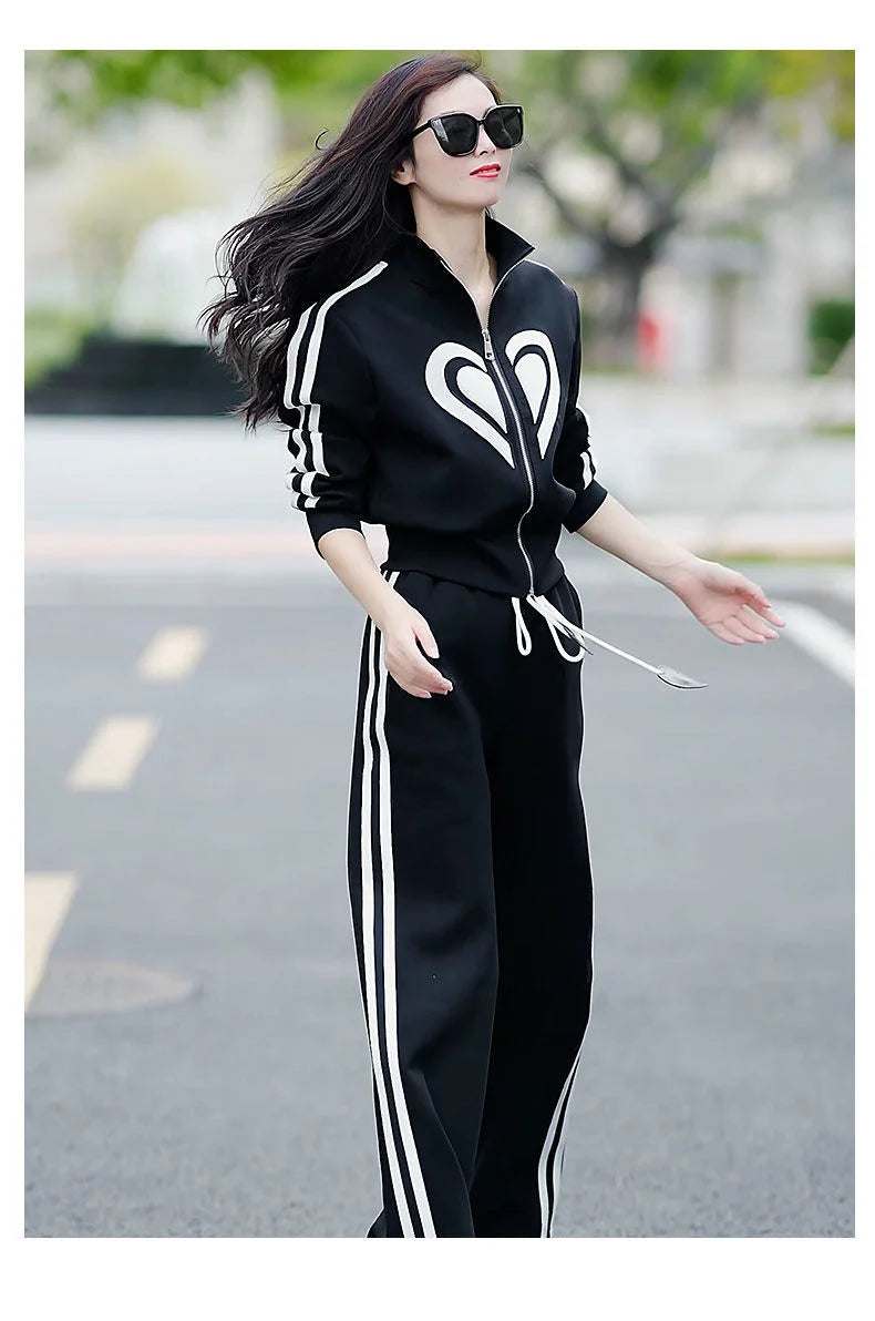 Women's 2024 Autumn Winter New Casual Sports Suit Stand Collar Zippered Sweater Coat Tops Wide Leg Pants Two Piece Set Plus Size