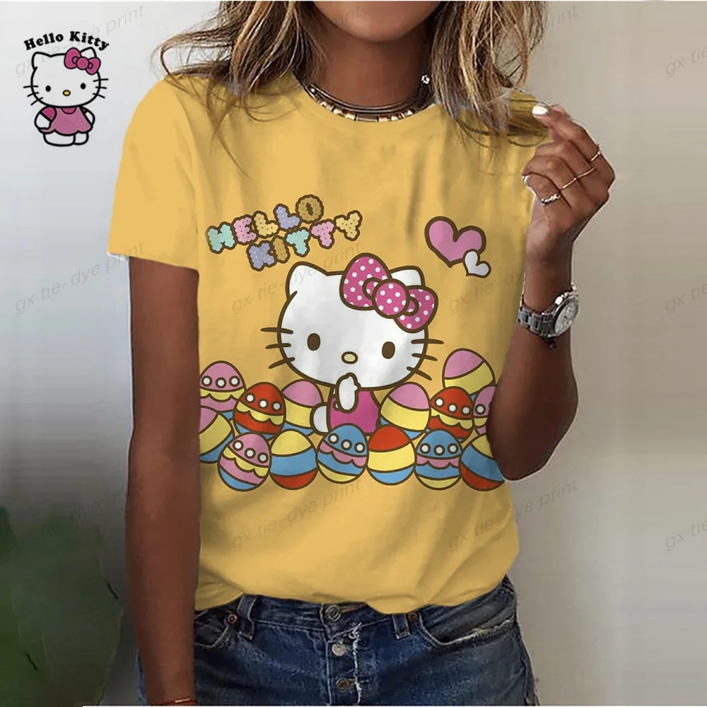 Summer Women Hello Kitty T-shirt 3D Fashion Printing Harajuku T Shirt Oversized Girls Tee Clothing New Short Sleeve O-Neck Top