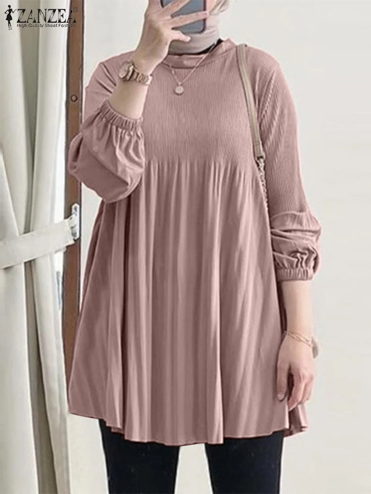 ZANZEA Muslim Islamic Pleated Long Blouses Women Autumn Long Sleeve O Neck Casual Blusas Mujer Fashion Solid Color Tunic Tops