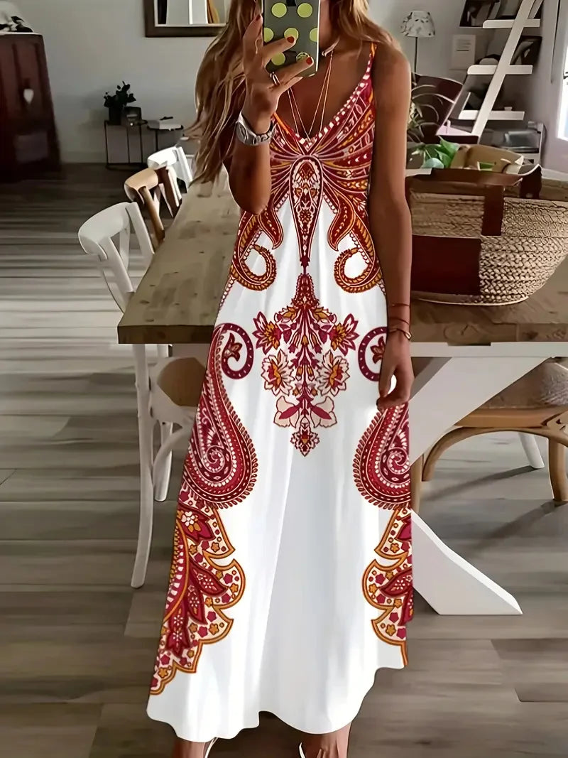 S-3XL Bohemian Style Beach Seaside Vacation Casual Dress Street Fashion Sleeveless Suspender Loose Large Size Long Dress