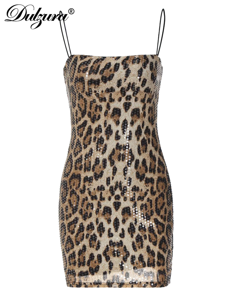 Dulzura Leopard Print Spaghetti Shoulder Strap Square Collar Mini Dress Sparkly Sequins 2023 Summer Women Party Club Y2K Clothes