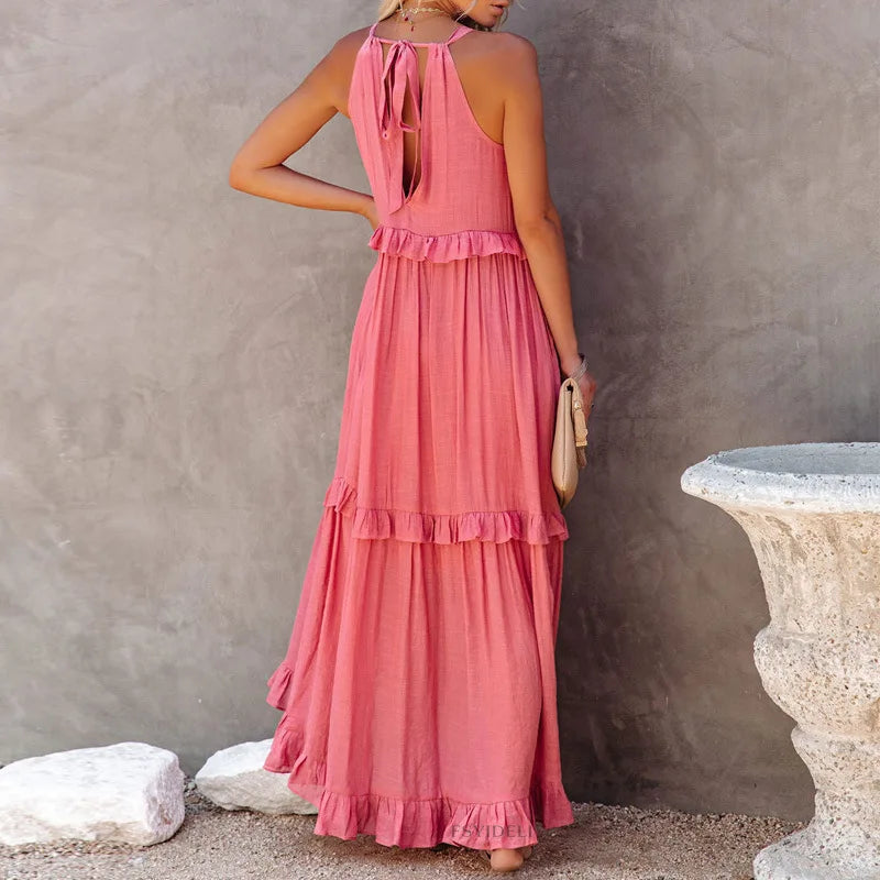 Women Casual Solid Ruffles Long Dress Summer Elegant Sleeveless Sundress Elegant Harajuku Maxi Dress Beach Party Evening Vestido