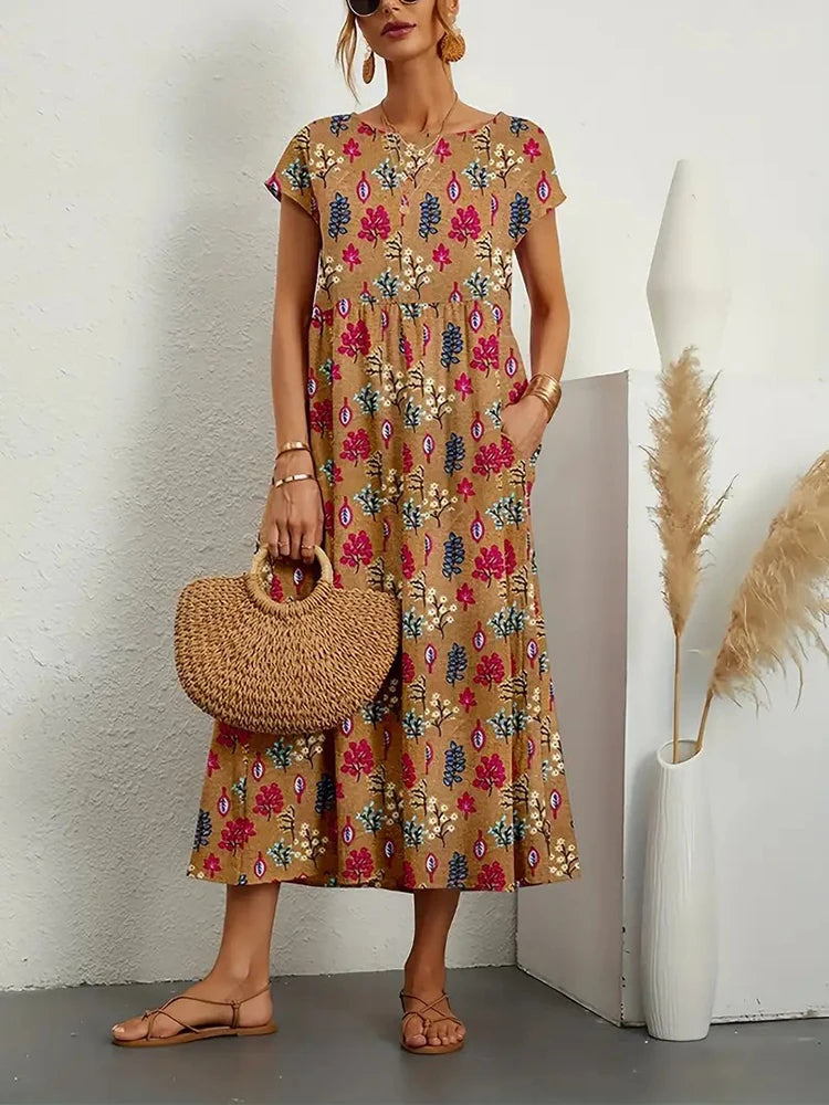 Elegant and fashionable women's cotton and linen dress, round neck printed short sleeved A-line skirt, unique floral long skirt