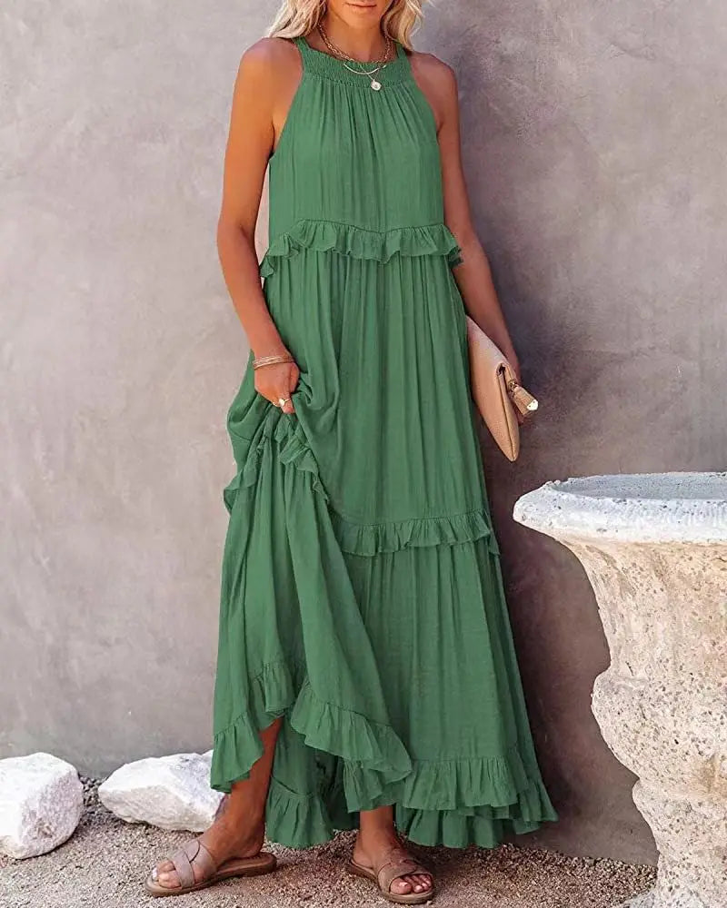 Women Casual Solid Ruffles Long Dress Summer Elegant Sleeveless Sundress Elegant Harajuku Maxi Dress Beach Party Evening Vestido