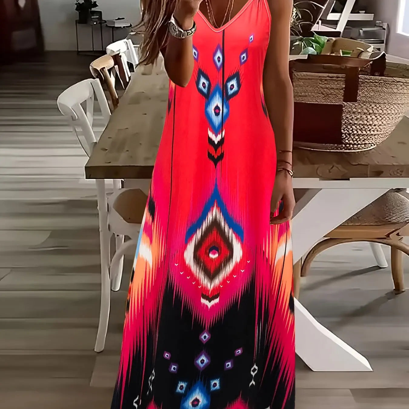 Women's Casual Fashion Loose V Neck Spaghetti Straps Long Dress Fresh Flower Print Maxi Dress Summer Beach Vacation Long Dress