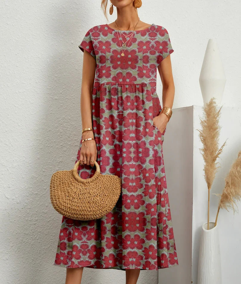 Elegant and fashionable women's cotton and linen dress, round neck printed short sleeved A-line skirt, unique floral long skirt