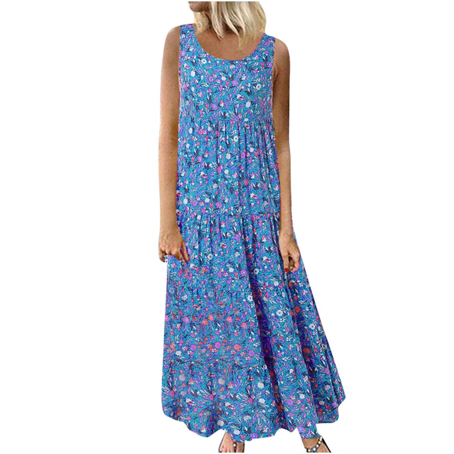 Women Floral Print Bohemian Casual Dress 2024 New Summer Sleeveless O-Neck Plus Size Dress Holiday Beach Large Sundress 4XL 5XL