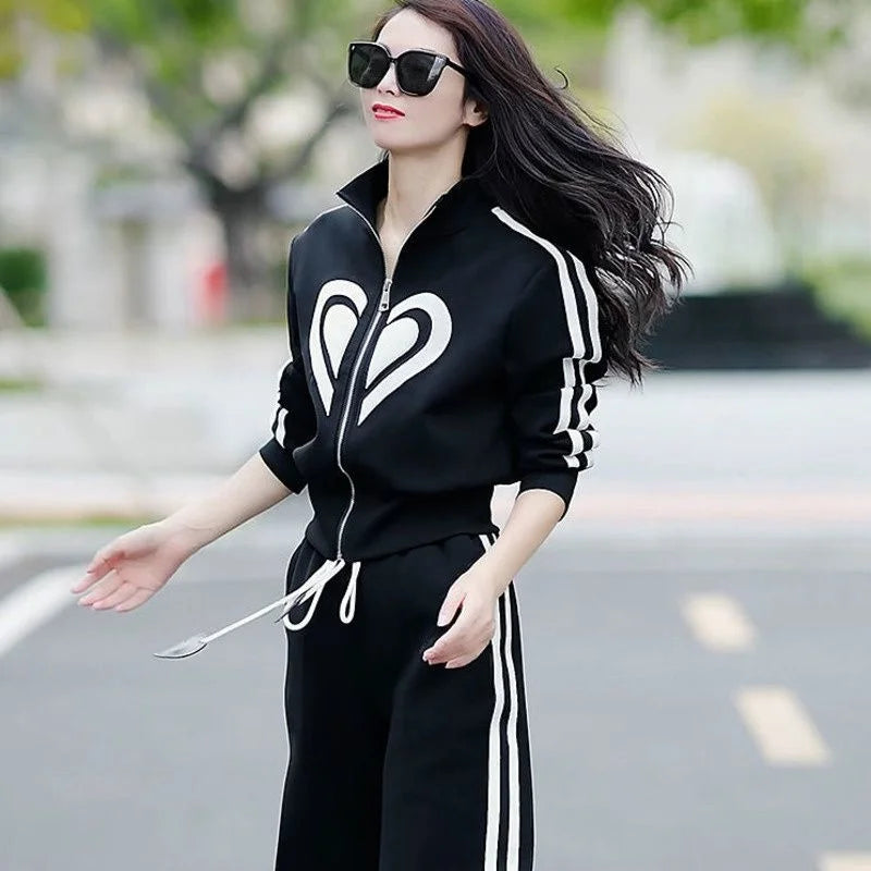 Women's 2024 Autumn Winter New Casual Sports Suit Stand Collar Zippered Sweater Coat Tops Wide Leg Pants Two Piece Set Plus Size