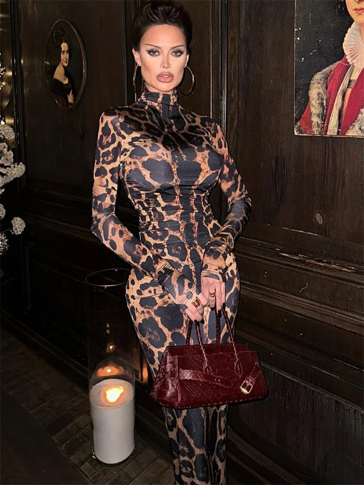 Leopard Printed Female Maxi Dress Skinny Long Sleeve Sexy High Waist Fashion Summer Streetwear Dress Women's Leopard Dress