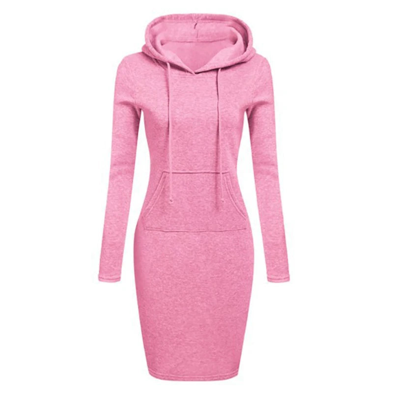 Fashion Women Vintage Hoodie Dress Autumn Winter Long Sleeve Casual Hooded Street Solid Pullover Office Ladies Female Dress