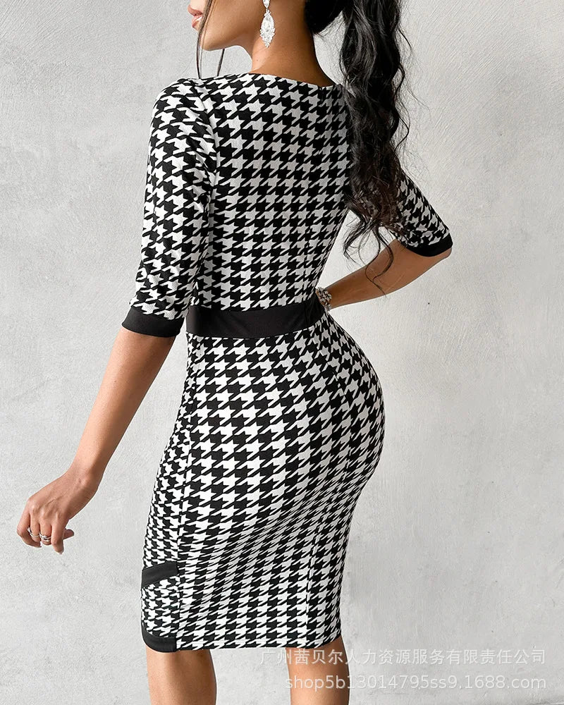 Women's Clothing New Houndstooth Printing Color Contrast Style Dress Midi Knee Length Office Half Sleeve Square Neck Dress