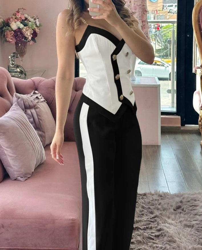 Women Two-Piece Set 2024 Spring Summer V-Neck Double Breasted Chain Strap Sleeveless Top & Straight Leg Pants Set Casual Style