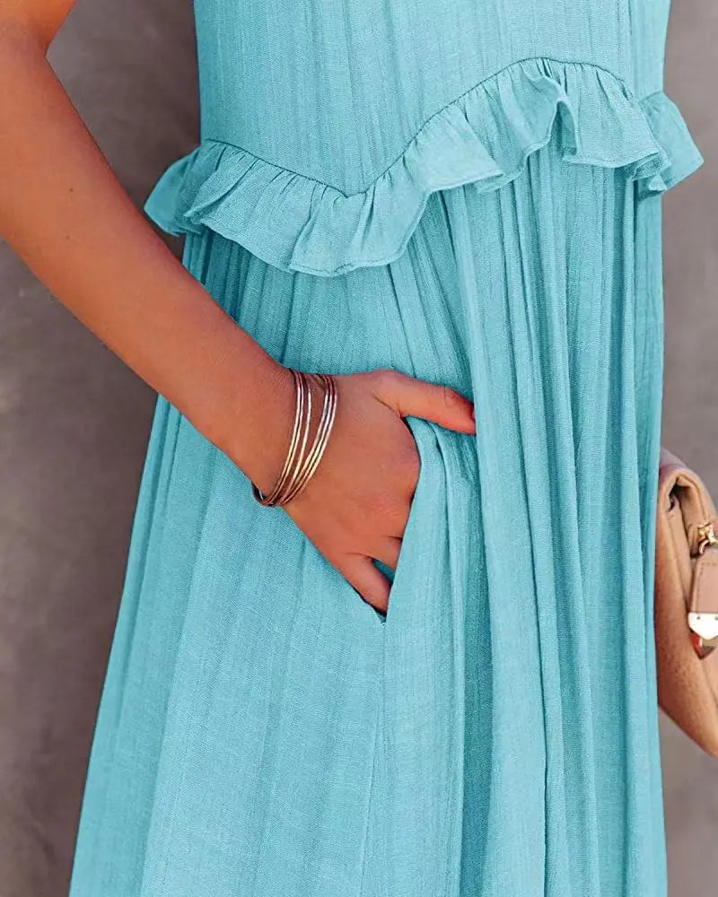 Women Casual Solid Ruffles Long Dress Summer Elegant Sleeveless Sundress Elegant Harajuku Maxi Dress Beach Party Evening Vestido