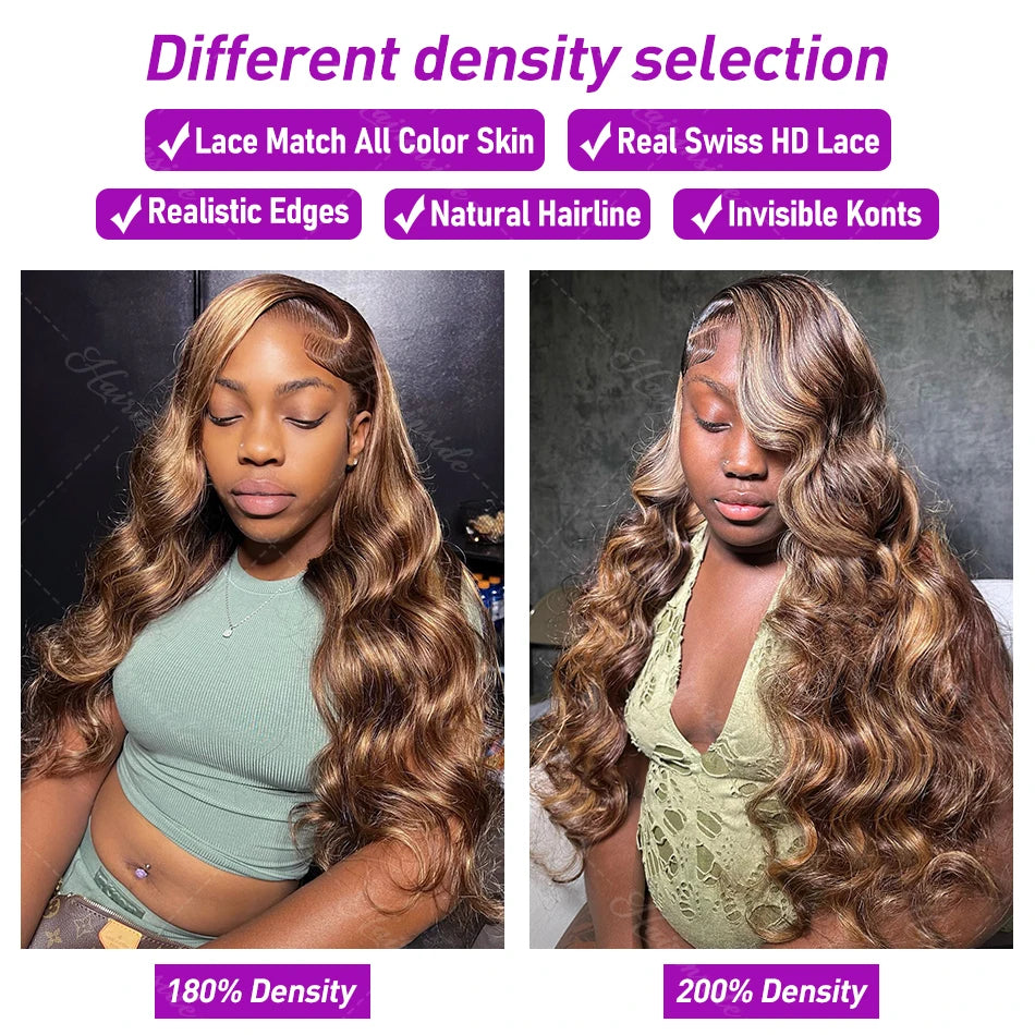 Colored Highlight Body Wave 13x6 HD Transparent Lace Front Human Hair Wigs Honey Blonde 13x4 Water Wave Frontal Wig For Women