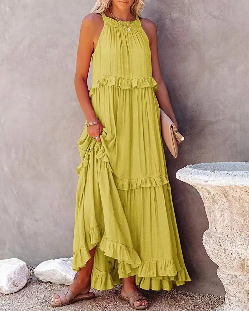 Women Casual Solid Ruffles Long Dress Summer Elegant Sleeveless Sundress Elegant Harajuku Maxi Dress Beach Party Evening Vestido