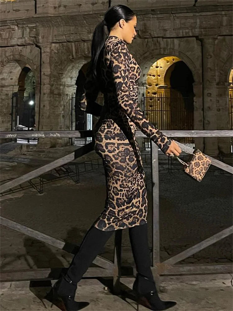 Leopard Printed Female Maxi Dress Skinny Long Sleeve Sexy High Waist Fashion Summer Streetwear Dress Women's Leopard Dress