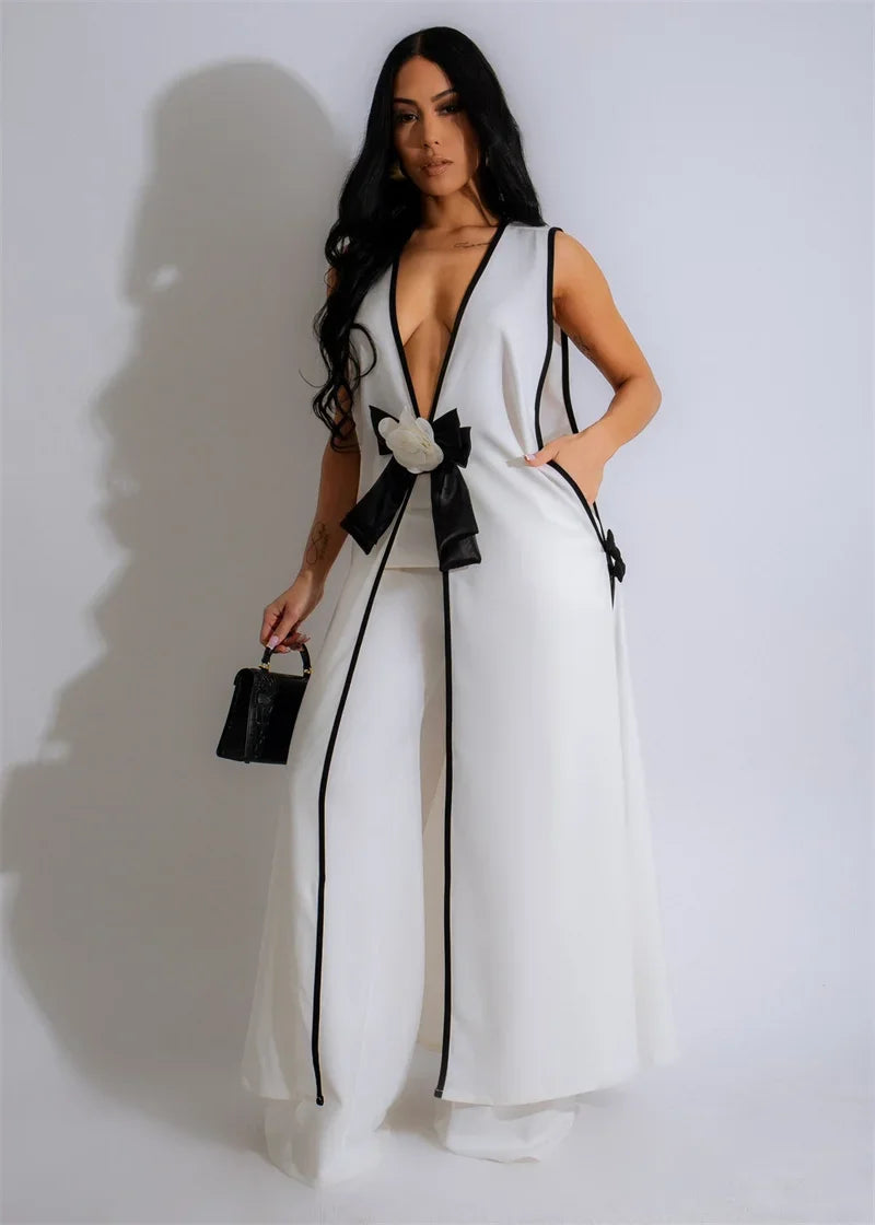 Bow Tie Appliques V-neck Sleeveless Long Top and Wide Leg Pants Matching Sets Women Two Piece Set Elegant Vintage Club Outfits