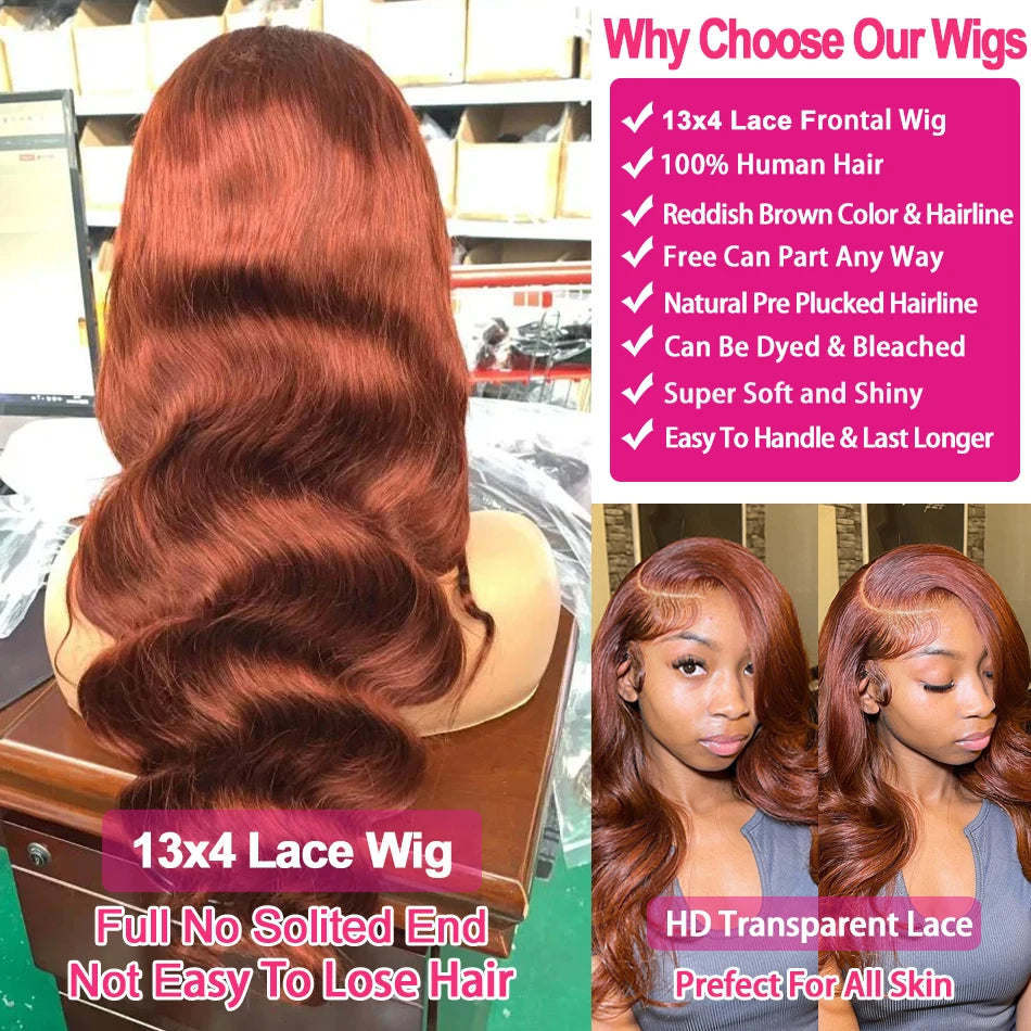 Reddish Brown Body Wave HD 13x4 13x6 Lace Frontal Human Hair Wig Colored Brazilian Remy Human Hair Wigs For Women Pre Plucked