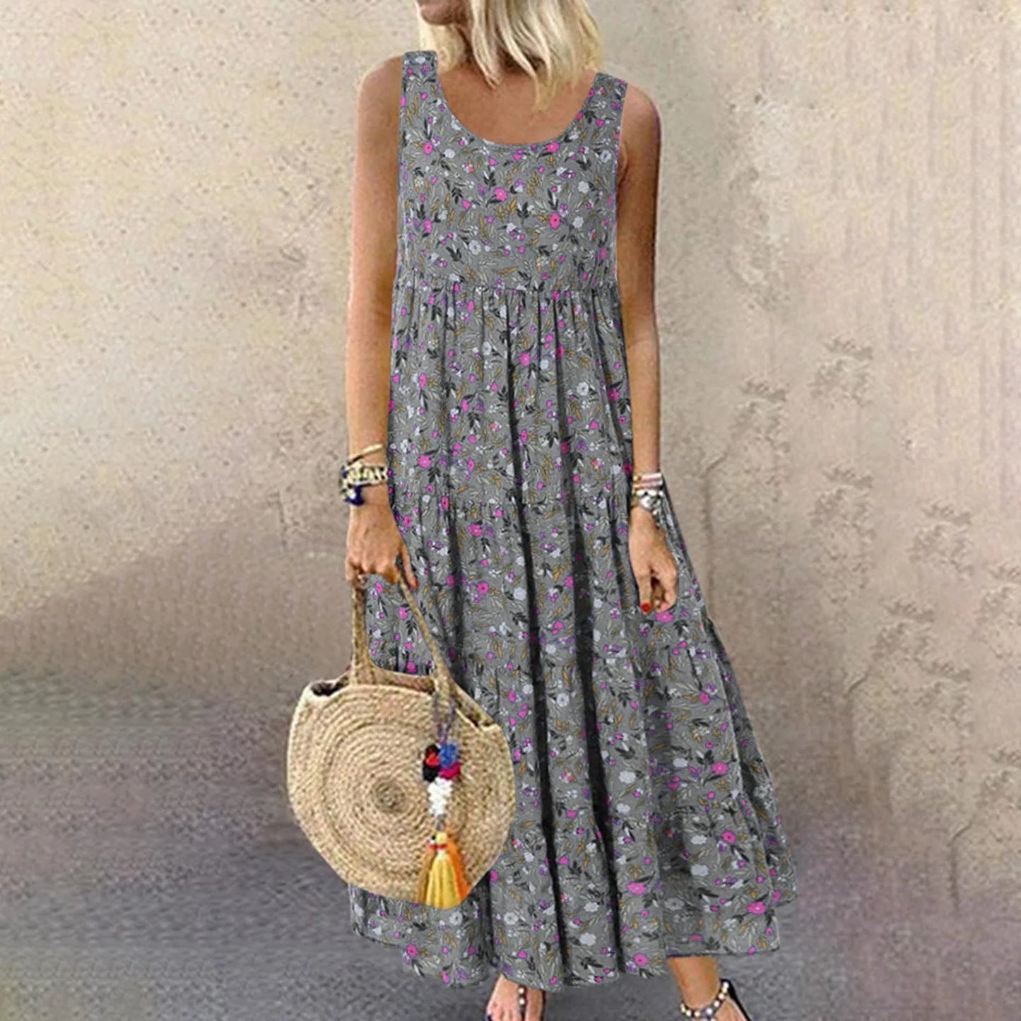 Women Floral Print Bohemian Casual Dress 2024 New Summer Sleeveless O-Neck Plus Size Dress Holiday Beach Large Sundress 4XL 5XL