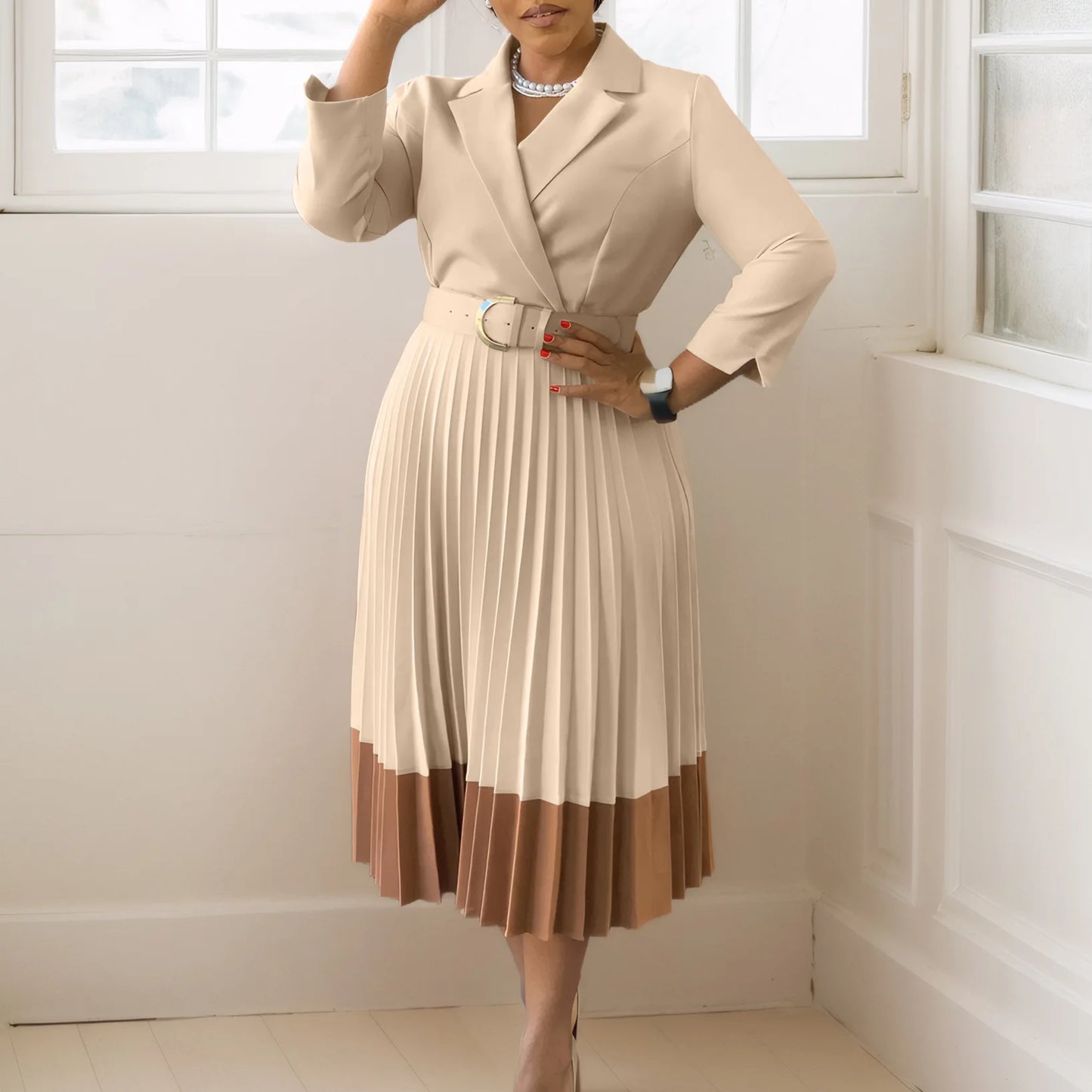 Winter Fashion Elegant Pleated A-line Dress African Women Casual Office Ladies Lapel Long Sleeved Belt Pleated Dress Women