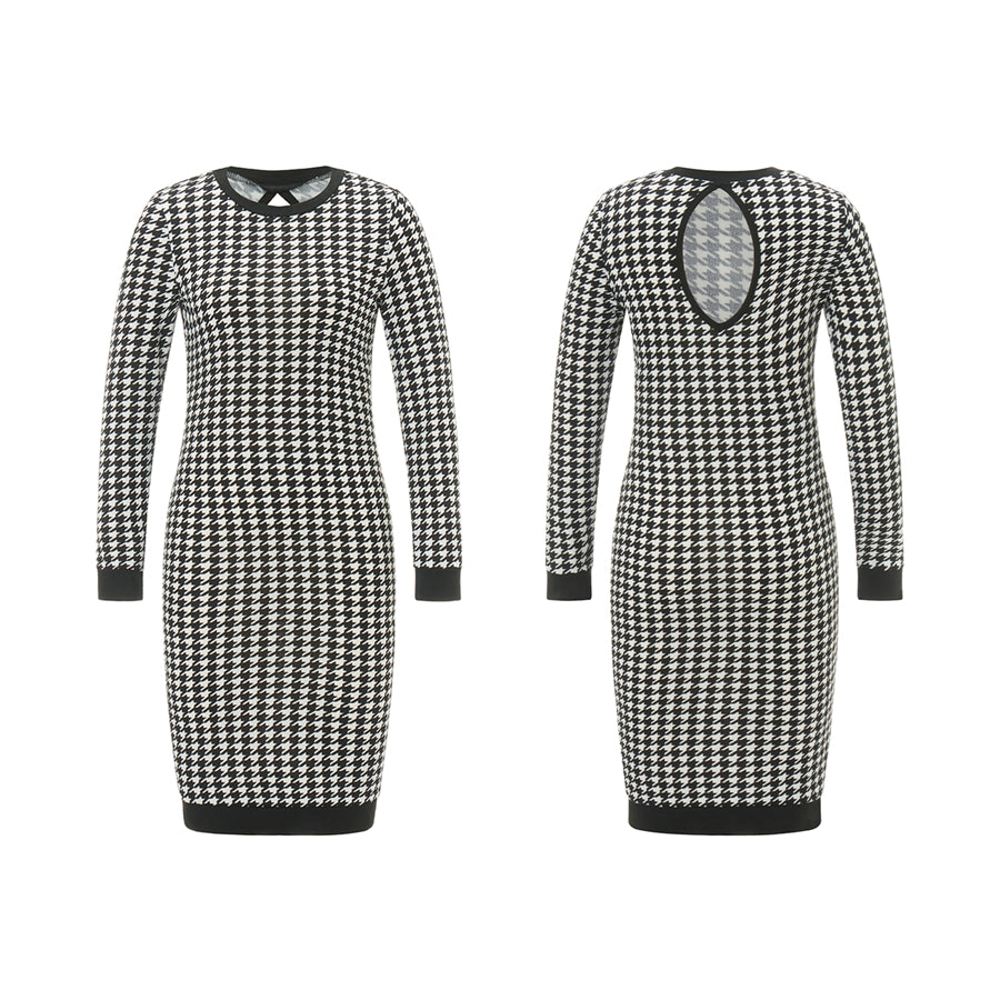 wsevypo Autumn Houndstooth Print Dress Women's Long Sleeve Round Neck Wrap Bodycon Dress Office Lady Hollow Out Back Vestidos