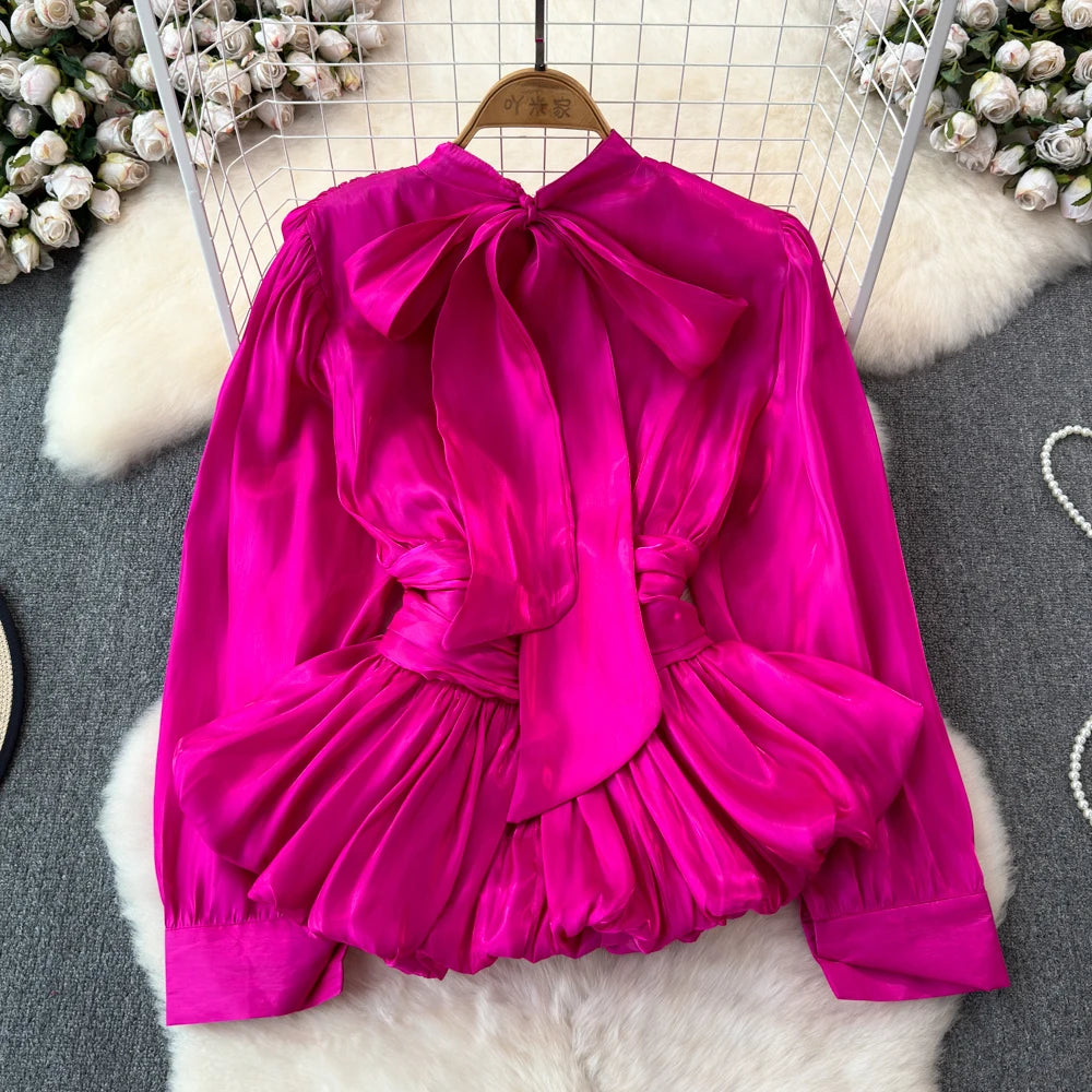 XFPV Sweet Blouse Long Sleeve Rose Pink Waist Tie Up Pleated Shirt Luxury Top For Women Korean Fashion Tide Summer 2024 SM11126