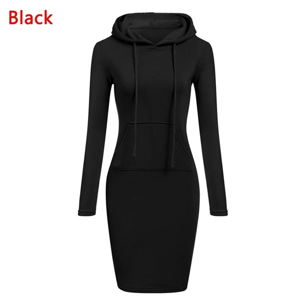 Fashion Women Vintage Hoodie Dress Autumn Winter Long Sleeve Casual Hooded Street Solid Pullover Office Ladies Female Dress