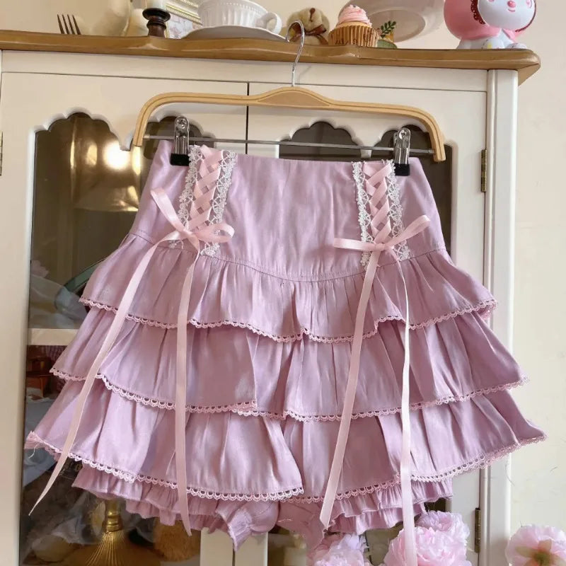 Japanese Harajuku Girls Kawaii Lace Pleated Skirts Women High Waist Bow Lace-up Fairy Y2k Aesthetic Cute Cake Mini Skirts