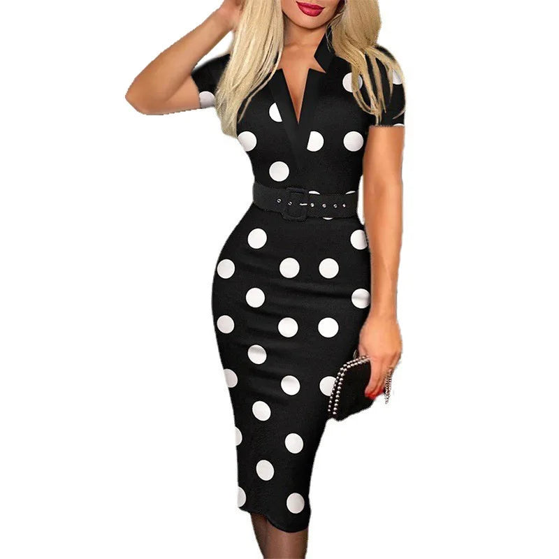 Allover Print V Neck Pencil Dress Elegant Long Sleeve Belt Dress Women's Clothing