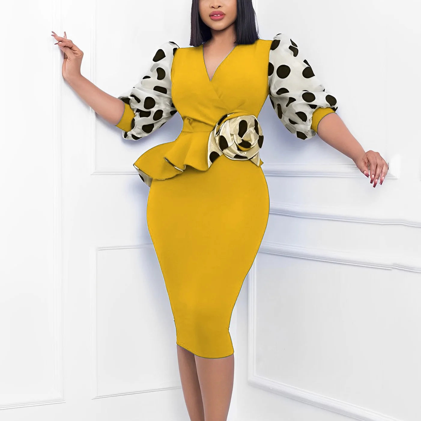 Elegant Office Dresses for Women Professional 2024 New V Neck Half Sleeve Package Hips Mid Calf Formal Female Business Work Robe