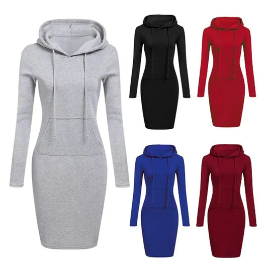 Fashion Women Vintage Hoodie Dress Autumn Winter Long Sleeve Casual Hooded Street Solid Pullover Office Ladies Female Dress