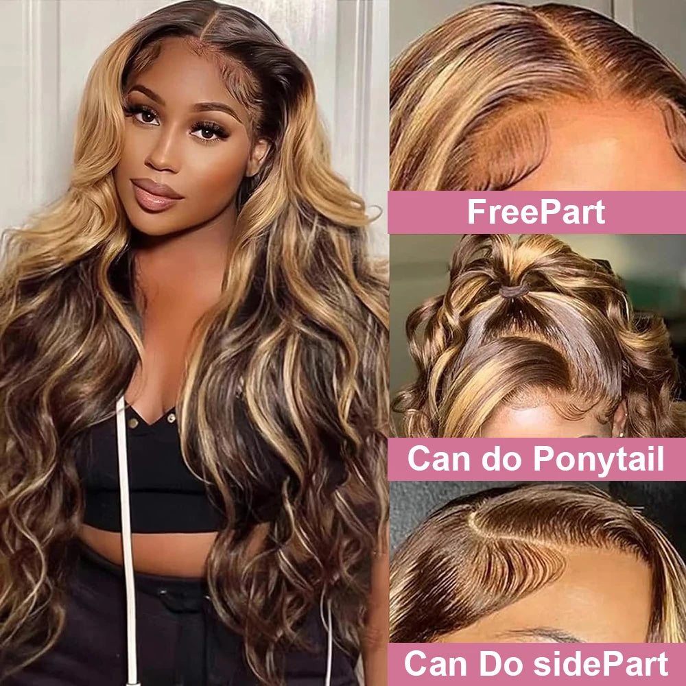 13x4 HD Highlight Ombre Body Wave Wigs Human Hair P4/27 Blonde Brown Wig13x6 Lace Frontal Wig Colored Human Hair 200% For Women