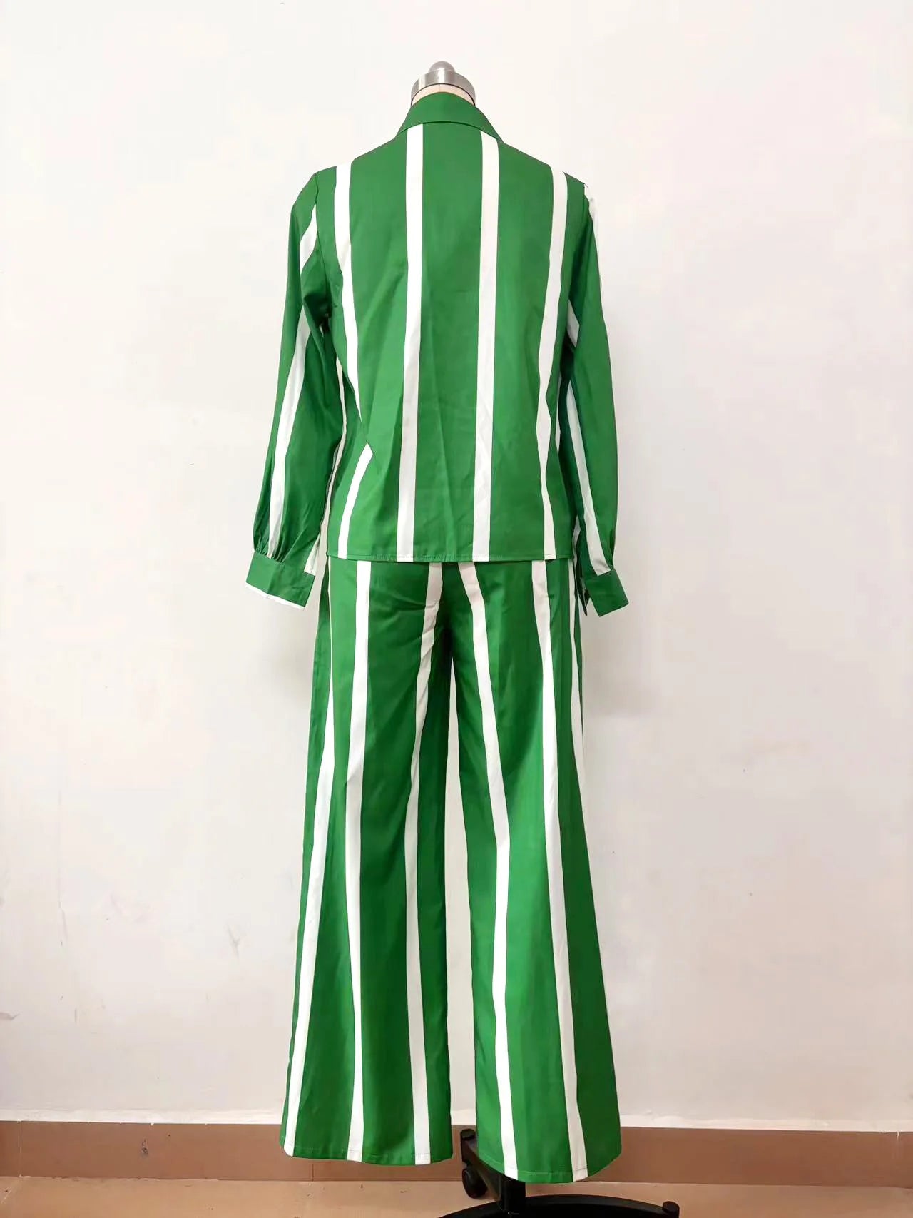 Fashion Striped Print Suit For Women Elegant Lapel Long Sleeved Shirt Elastic Waist Wide Leg Pants Two Piece Set 2024 Autumn New