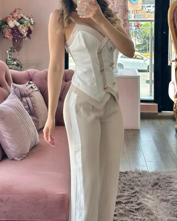 Women Two-Piece Set 2024 Spring Summer V-Neck Double Breasted Chain Strap Sleeveless Top & Straight Leg Pants Set Casual Style