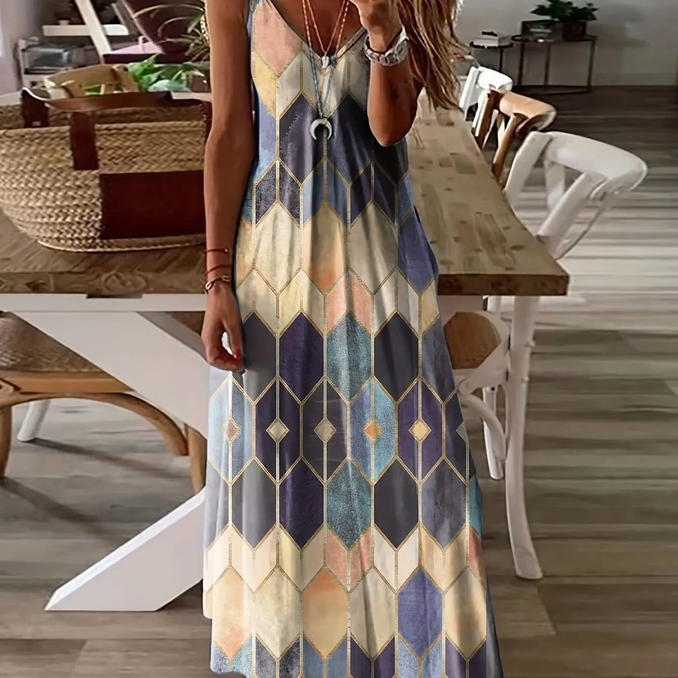 Women's Casual Fashion Loose V Neck Spaghetti Straps Long Dress Fresh Flower Print Maxi Dress Summer Beach Vacation Long Dress