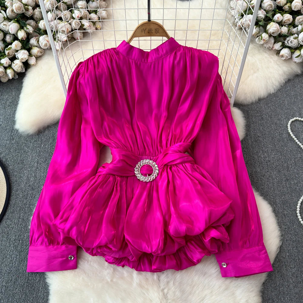 XFPV Sweet Blouse Long Sleeve Rose Pink Waist Tie Up Pleated Shirt Luxury Top For Women Korean Fashion Tide Summer 2024 SM11126