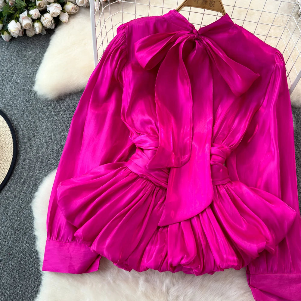 XFPV Sweet Blouse Long Sleeve Rose Pink Waist Tie Up Pleated Shirt Luxury Top For Women Korean Fashion Tide Summer 2024 SM11126