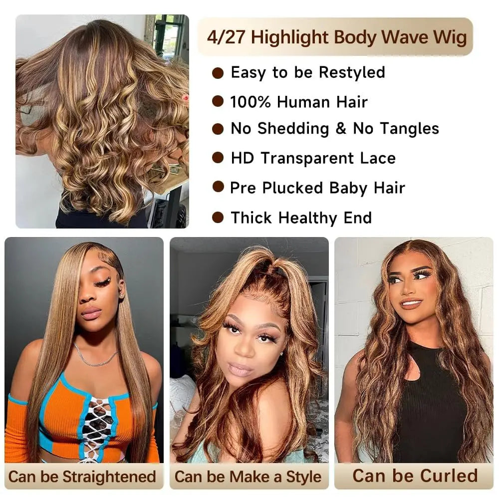 13x4 Highlight Ombre Lace Front Wig Human Hair 4/27 Body Wave Honey Blonde Pre Plucked With Baby Hair HD Lace Front Wigs 200%