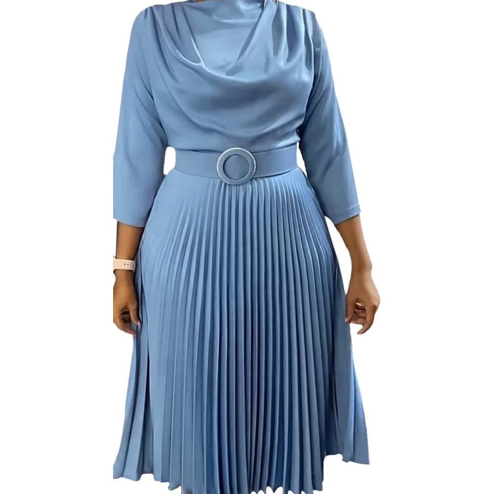 Elegant Office Dress Pleated for Women Professional Round Neck Full Sleeve Belt Waisted Mid Calf Formal Business Work Dress New