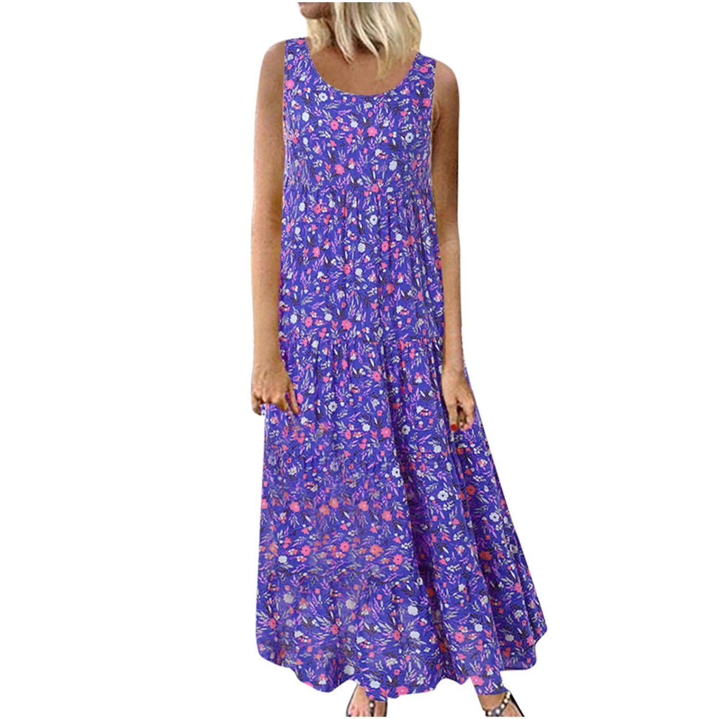 Women Floral Print Bohemian Casual Dress 2024 New Summer Sleeveless O-Neck Plus Size Dress Holiday Beach Large Sundress 4XL 5XL