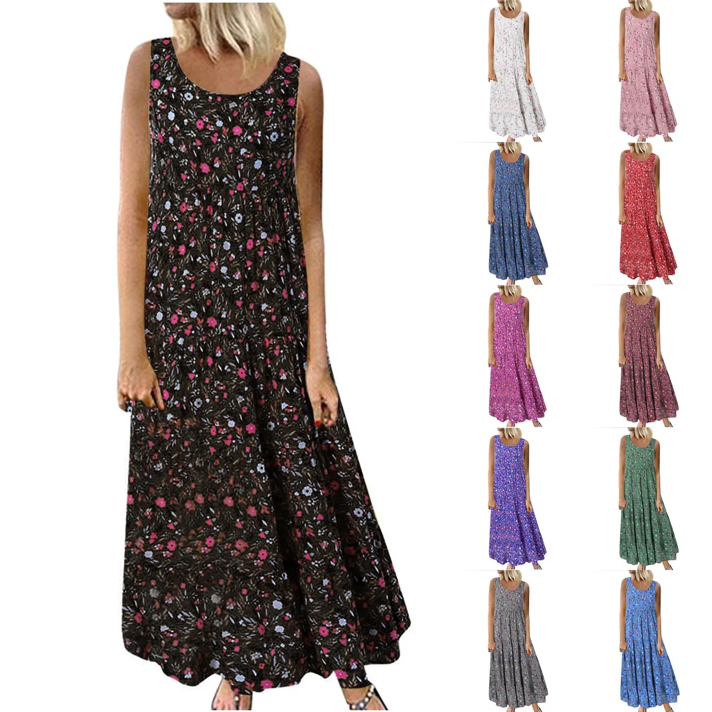 Women Floral Print Bohemian Casual Dress 2024 New Summer Sleeveless O-Neck Plus Size Dress Holiday Beach Large Sundress 4XL 5XL