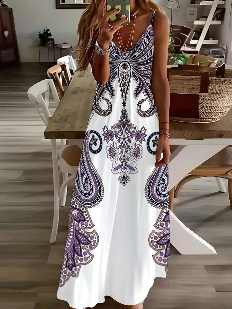 S-3XL Bohemian Style Beach Seaside Vacation Casual Dress Street Fashion Sleeveless Suspender Loose Large Size Long Dress