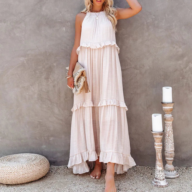 Women Casual Solid Ruffles Long Dress Summer Elegant Sleeveless Sundress Elegant Harajuku Maxi Dress Beach Party Evening Vestido