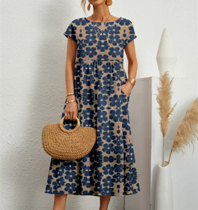 Elegant and fashionable women's cotton and linen dress, round neck printed short sleeved A-line skirt, unique floral long skirt